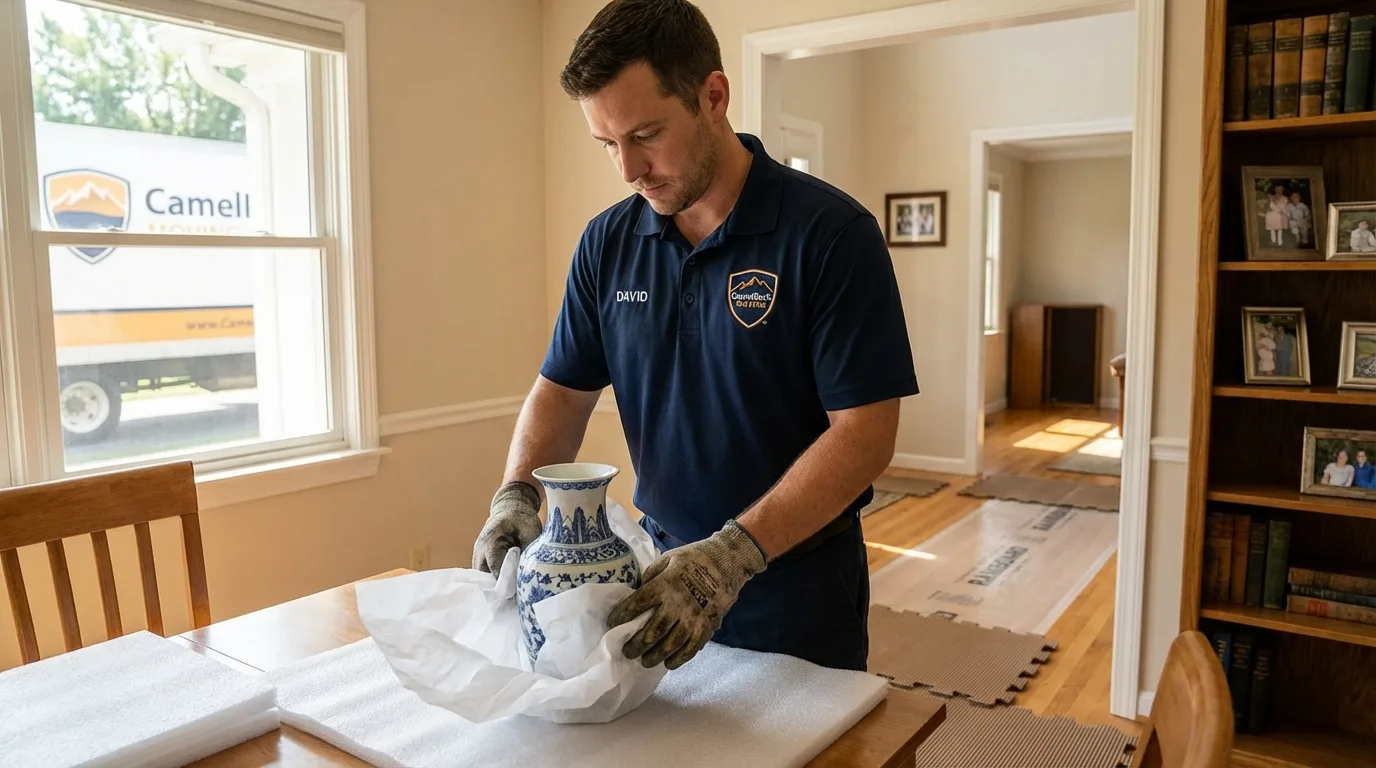 Professional crew carefully wrapping antique vase for senior downsizing move in Niverville, NY